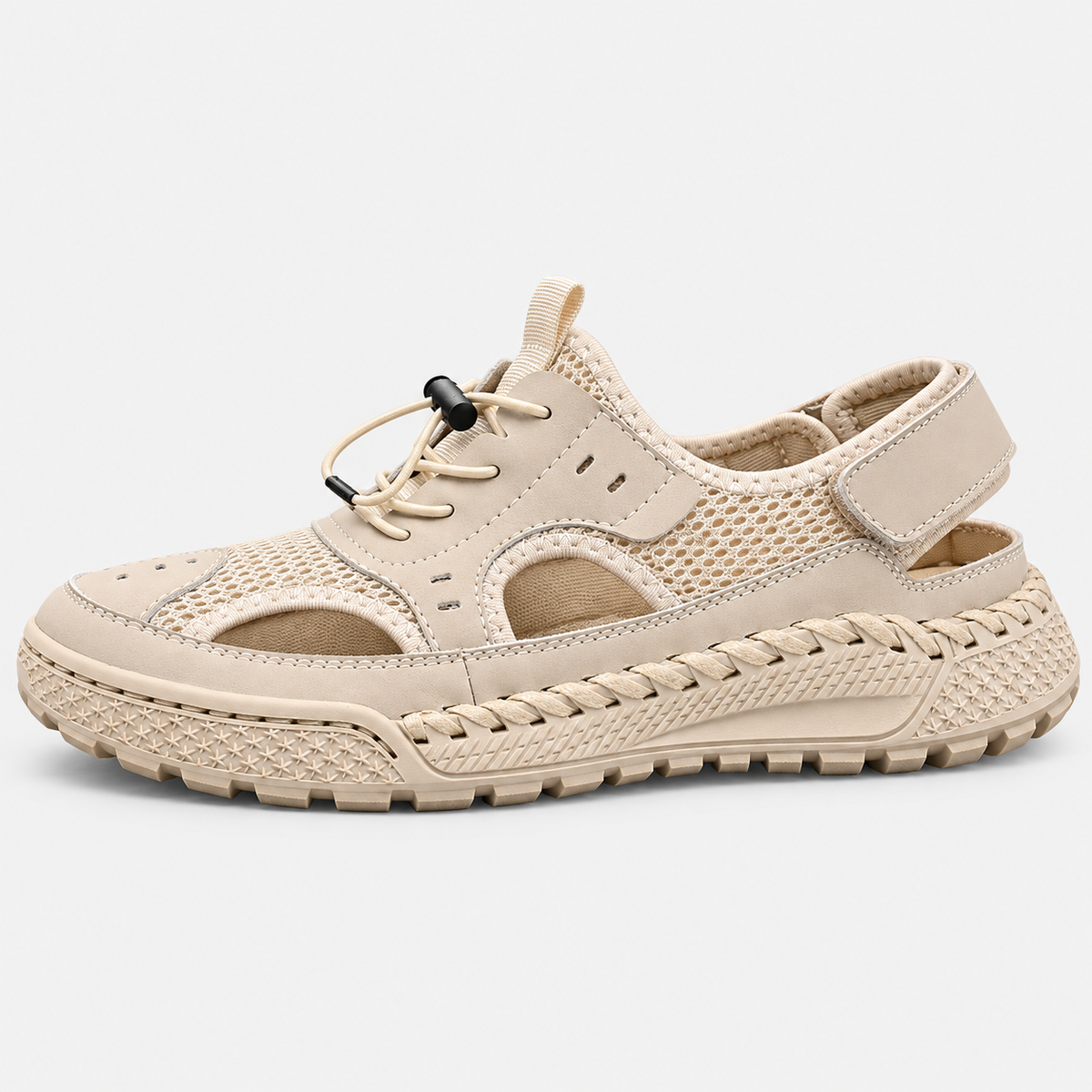 Men's Beige Closed Toe Split Leather Mesh Outdoor Sandals