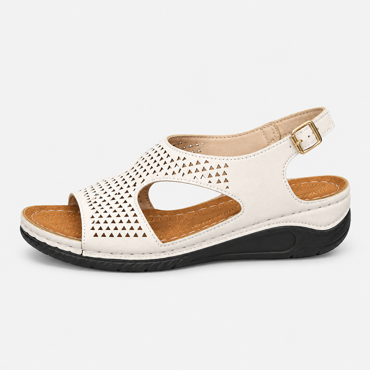 Women's White Perforated Wedge Sandals with Buckle Ankle Strap