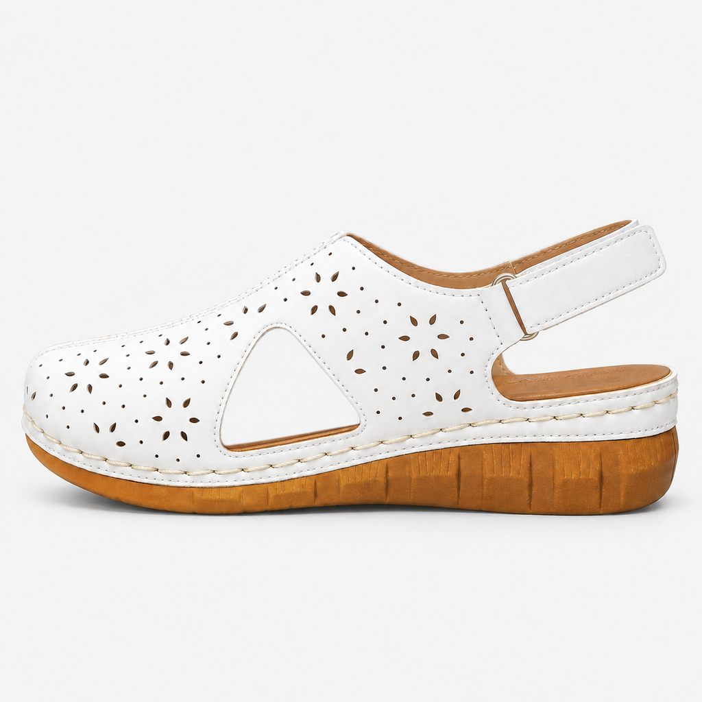 Women's White Hollow Out Wedge Sandals with Hook-and-Loop Back Strap