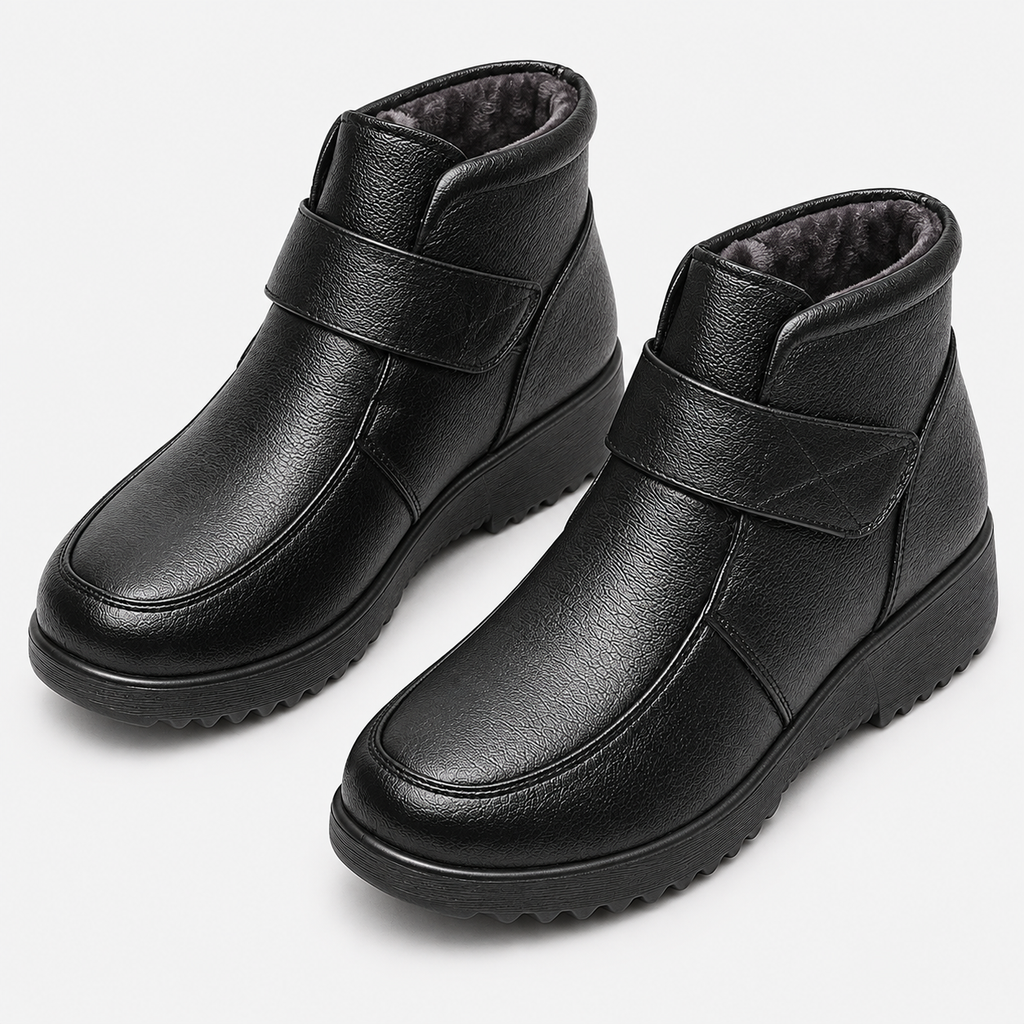 Women's Black Genuine Leather Plush-Lined Wedge Ankle Boots
