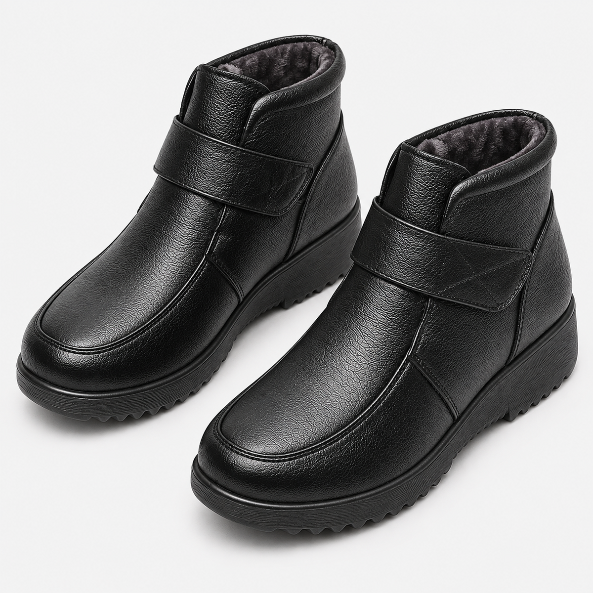 Women's Black Genuine Leather Plush-Lined Wedge Ankle Boots