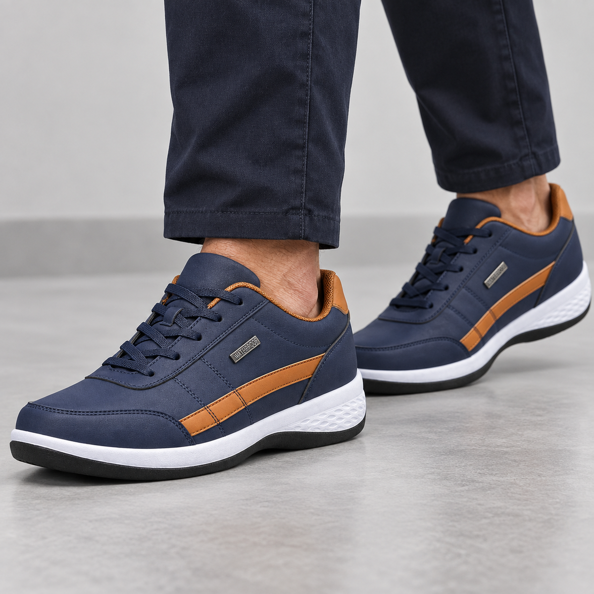 Men's Blue PU Leather Lace-Up Casual Sneakers
