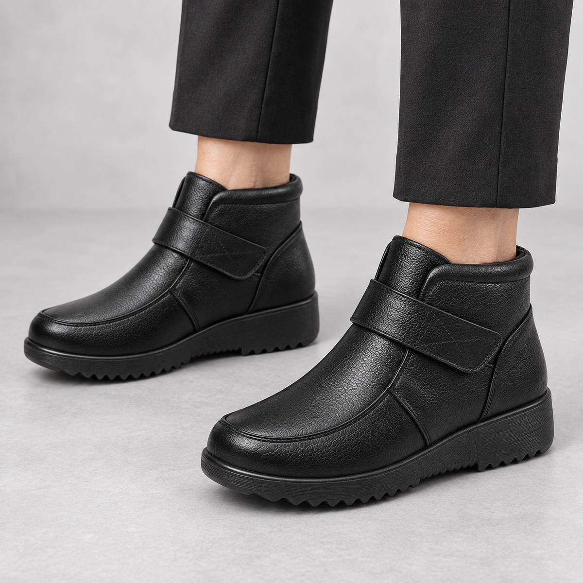 Women's Black Genuine Leather Plush-Lined Wedge Ankle Boots