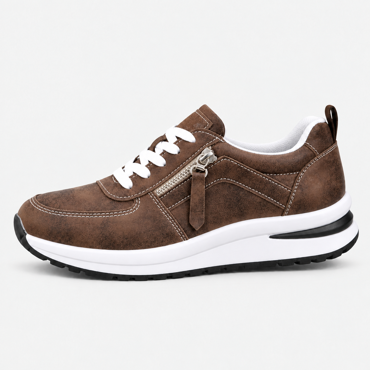 Women's Brown Side Zip Lace-Up Casual Sneakers