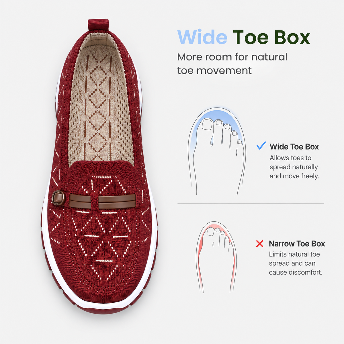 Ladies Walking Shoes With Arch Support Burgundy Slip-On