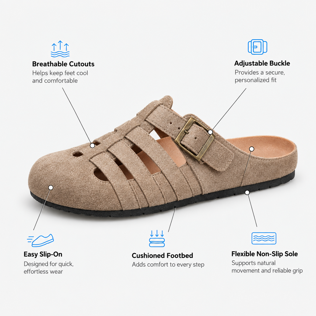 Women's Faux Suede Cutout Buckle Clogs, Flat Slip-On Summer Mules