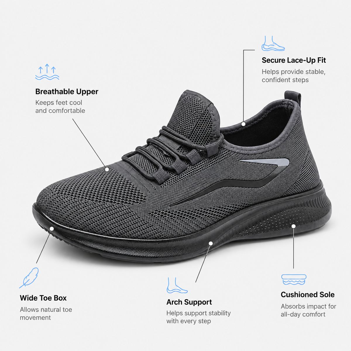 Men's Grey Breathable Mesh Lace-Up Sneakers
