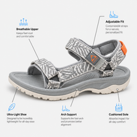 Women's Grey Flat Sport Sandals with Hook and Loop Straps