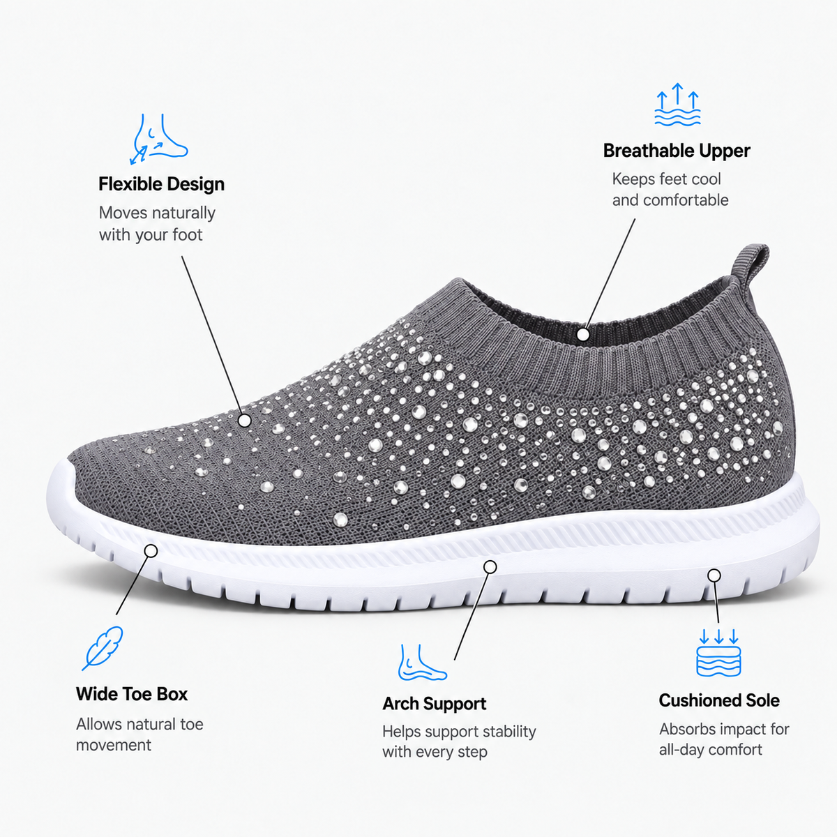 Women's Grey Slip-On Crystal Mesh Sneakers