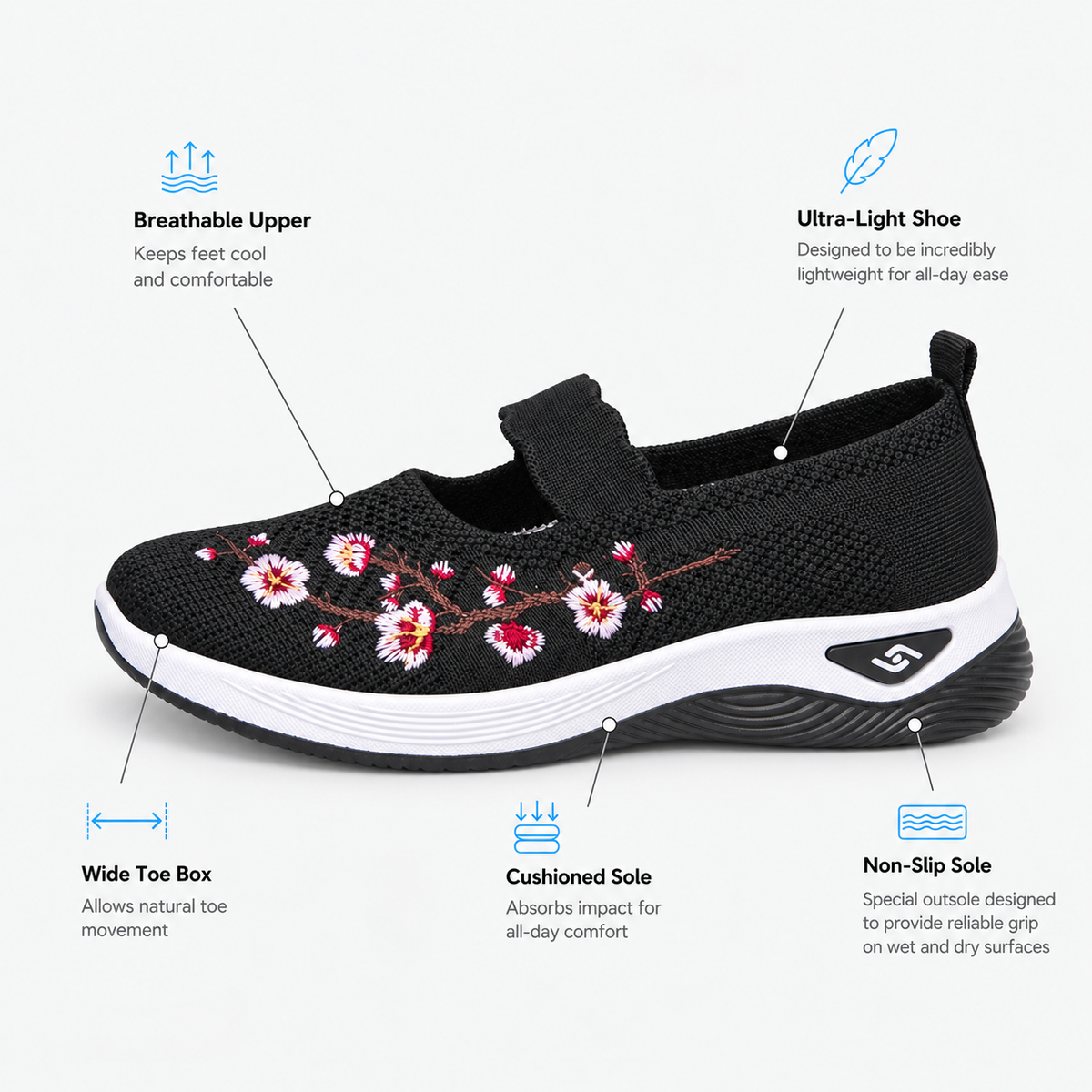 Women's Breathable Mesh Slip-On Embroidered Sneakers with Chunky Sole