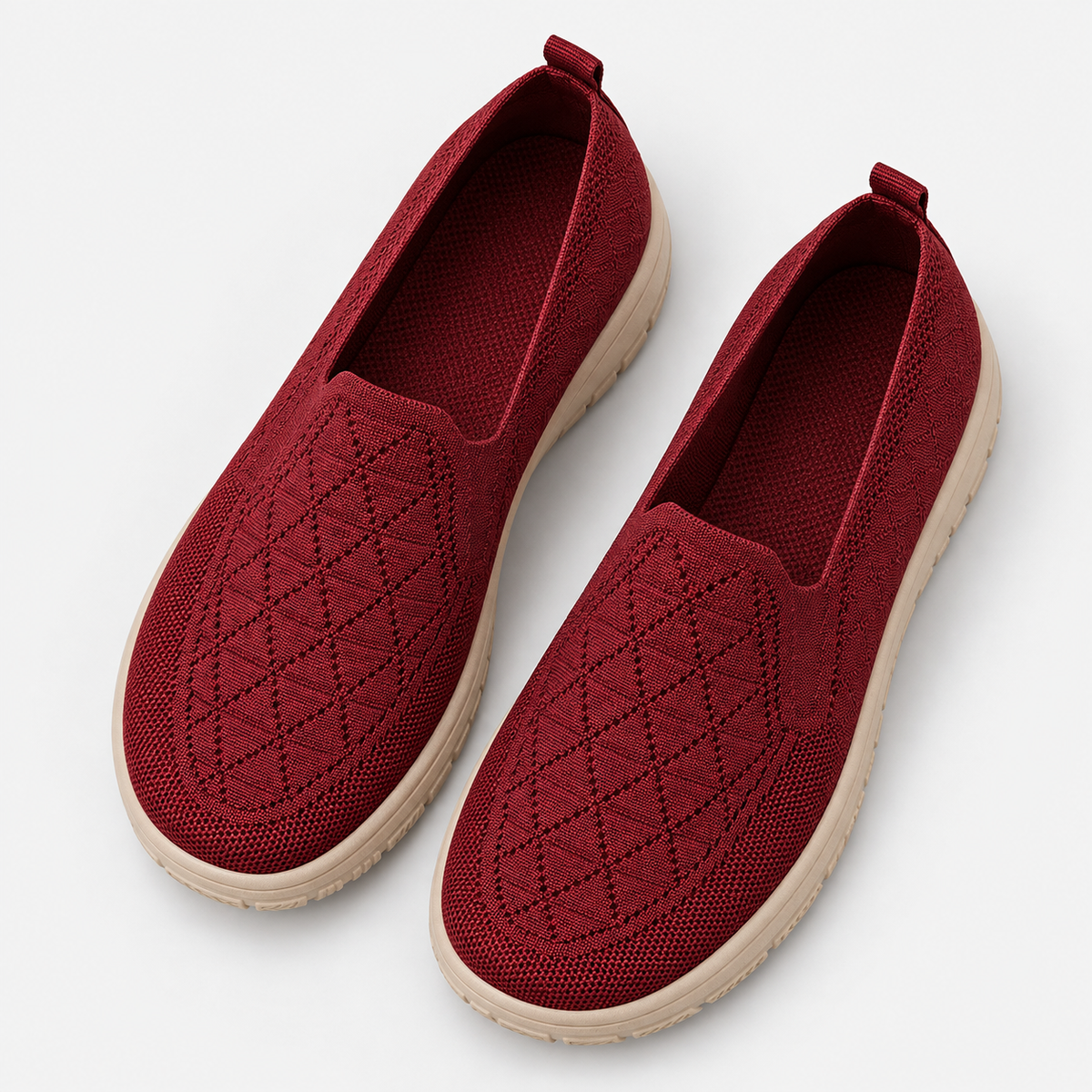 Women's Red Knit Slip-On Flat Shoes with Round Toe