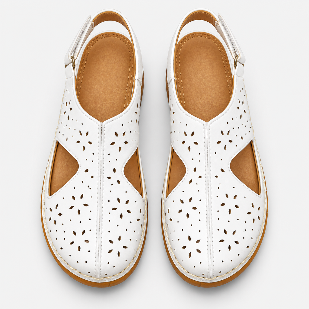 Women's White Hollow Out Wedge Sandals with Hook-and-Loop Back Strap