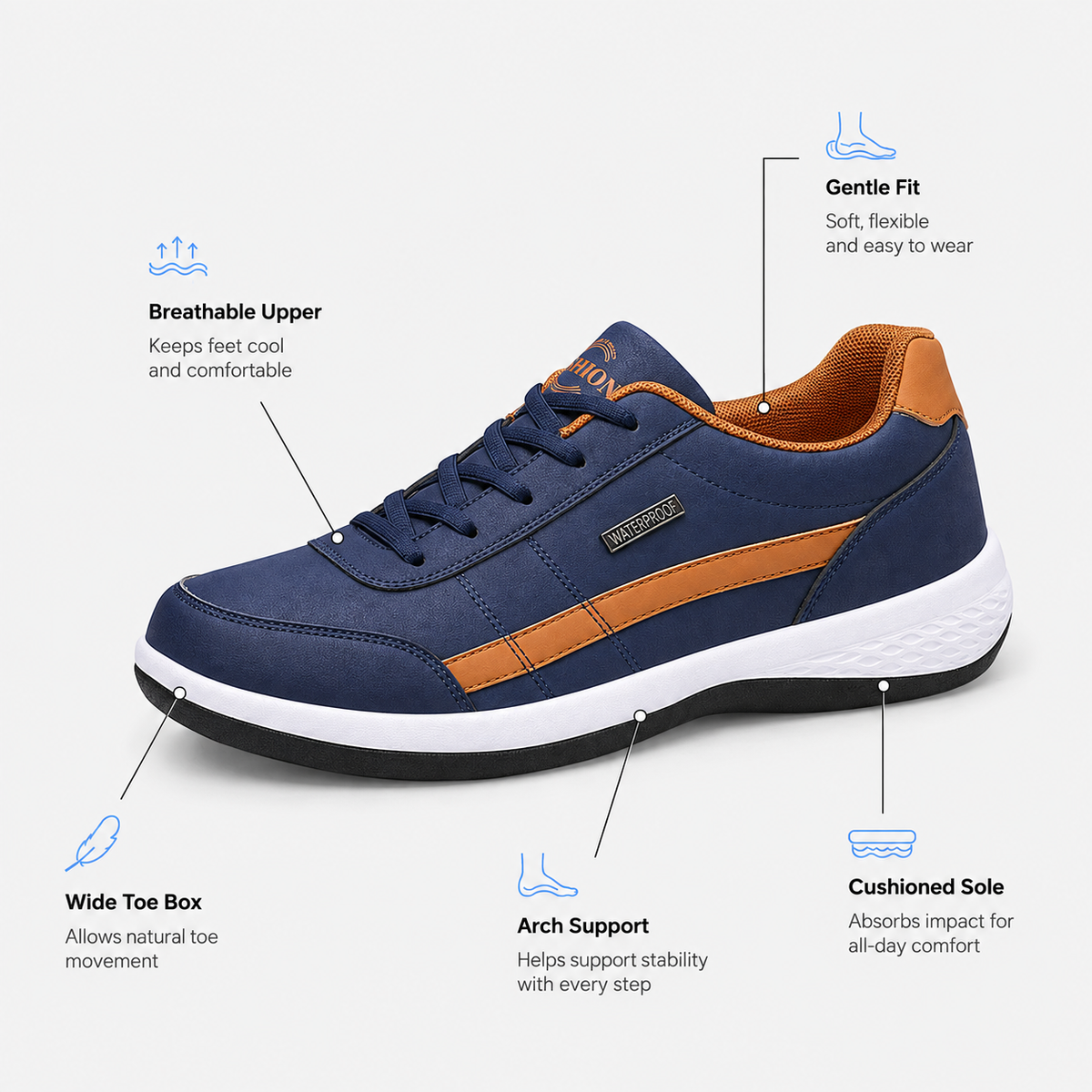 Men's Blue PU Leather Lace-Up Casual Sneakers