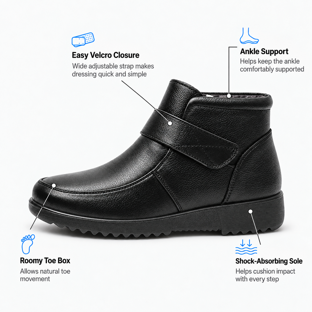 Women's Black Genuine Leather Plush-Lined Wedge Ankle Boots