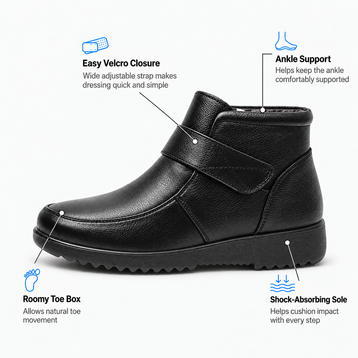 Women's Black Genuine Leather Plush-Lined Wedge Ankle Boots