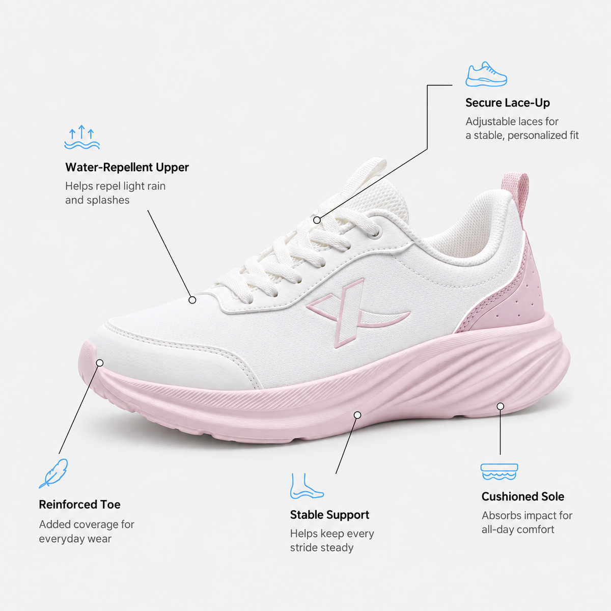 Xtep Women's White Water-Repellent Running Shoes