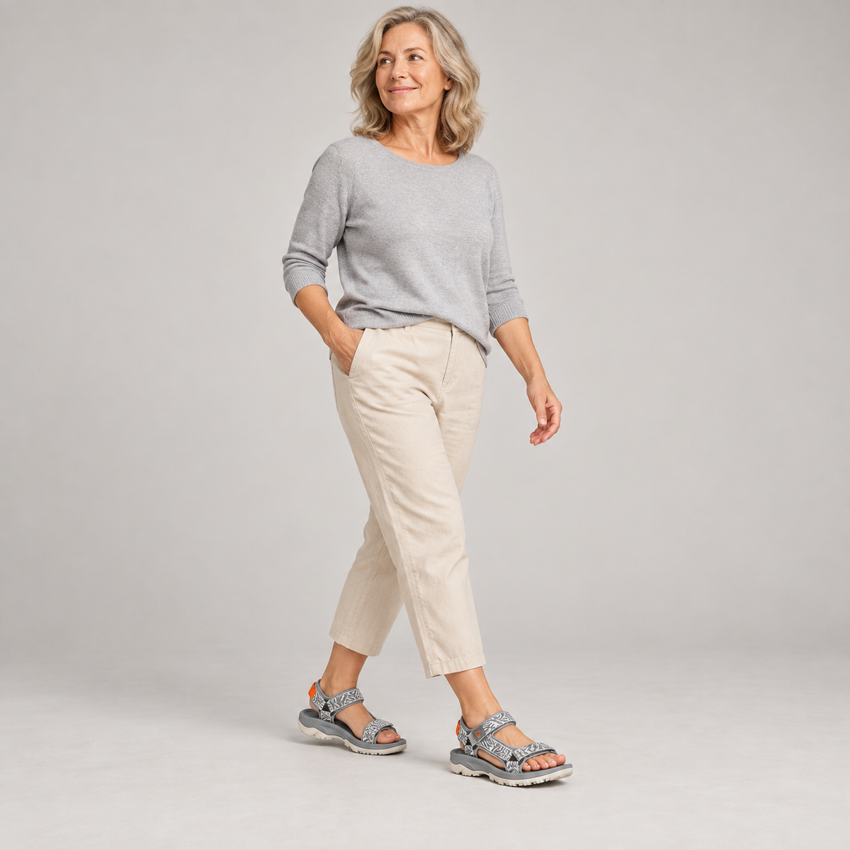 Women's Grey Flat Sport Sandals with Hook and Loop Straps