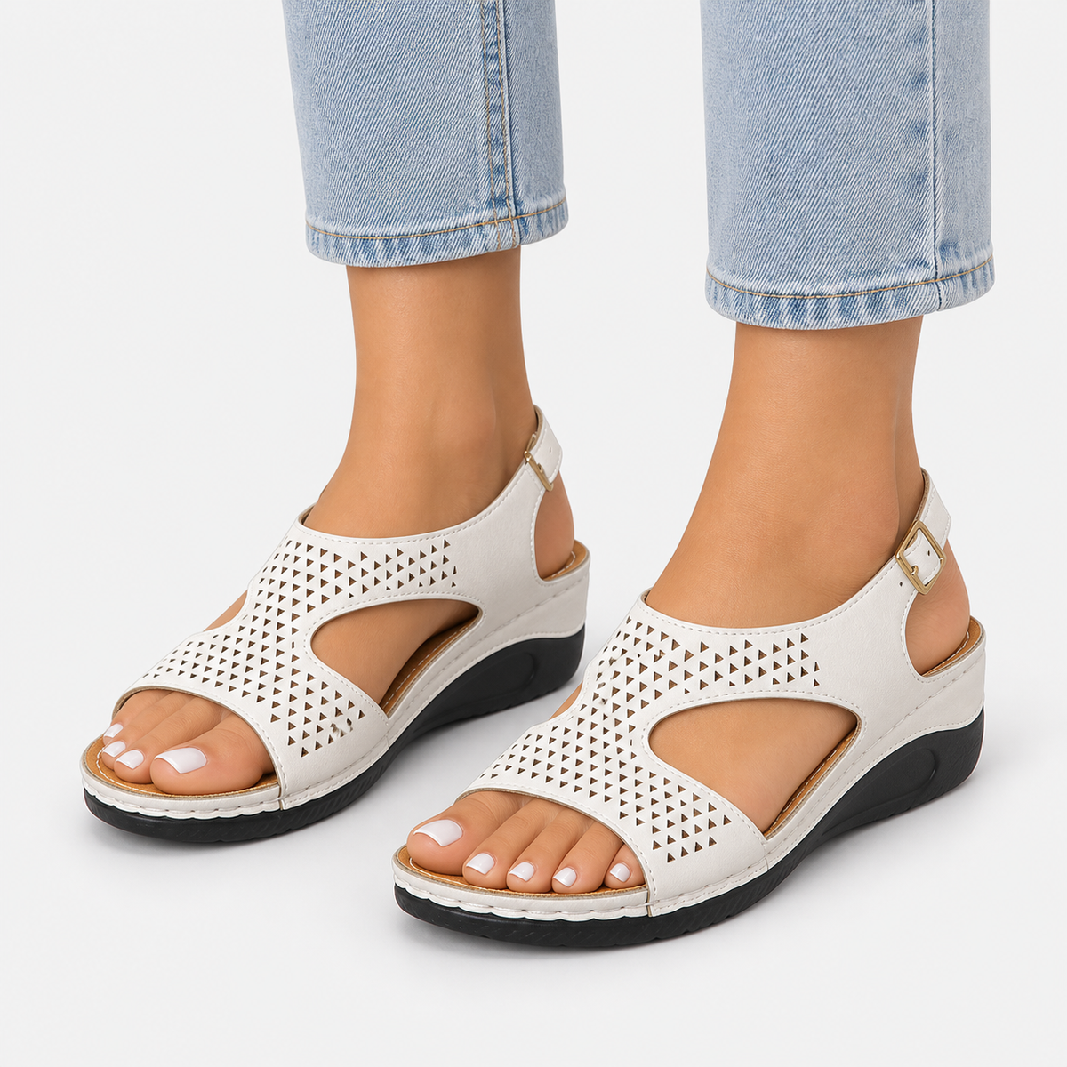 Women's White Perforated Wedge Sandals with Buckle Ankle Strap