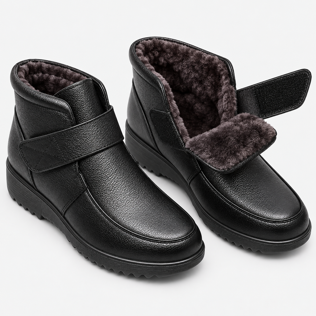 Women's Black Genuine Leather Plush-Lined Wedge Ankle Boots