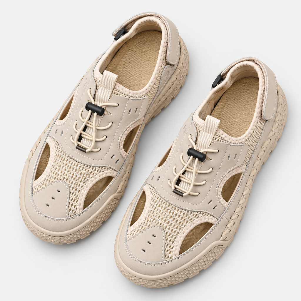 Men's Beige Closed Toe Split Leather Mesh Outdoor Sandals