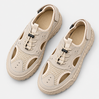Men's Beige Closed Toe Split Leather Mesh Outdoor Sandals