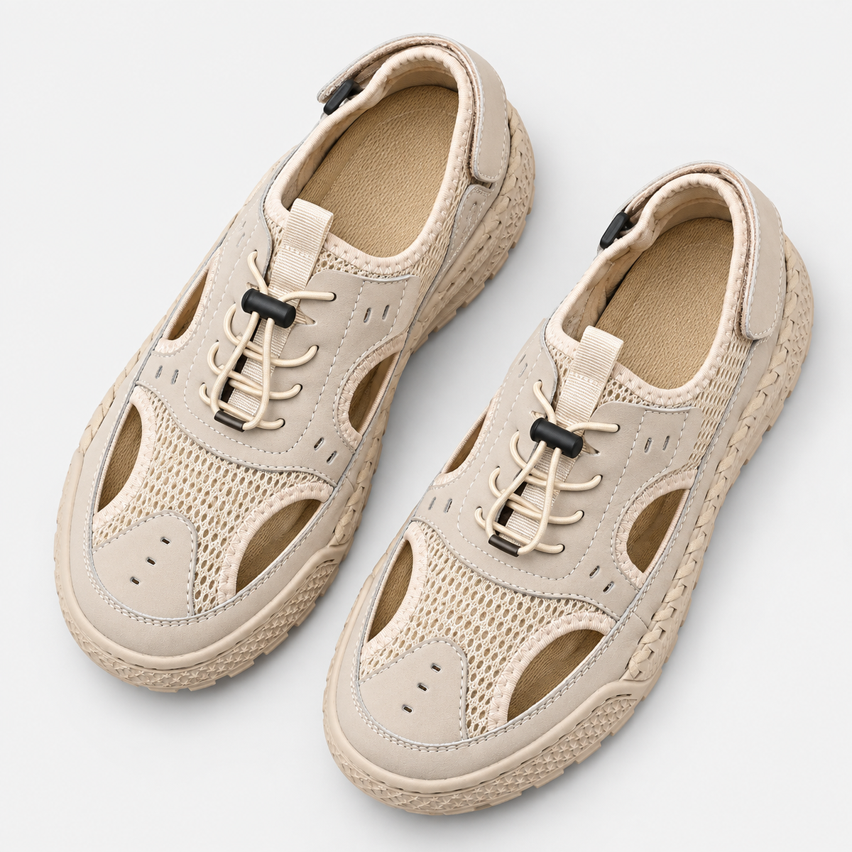 Men's Beige Closed Toe Split Leather Mesh Outdoor Sandals