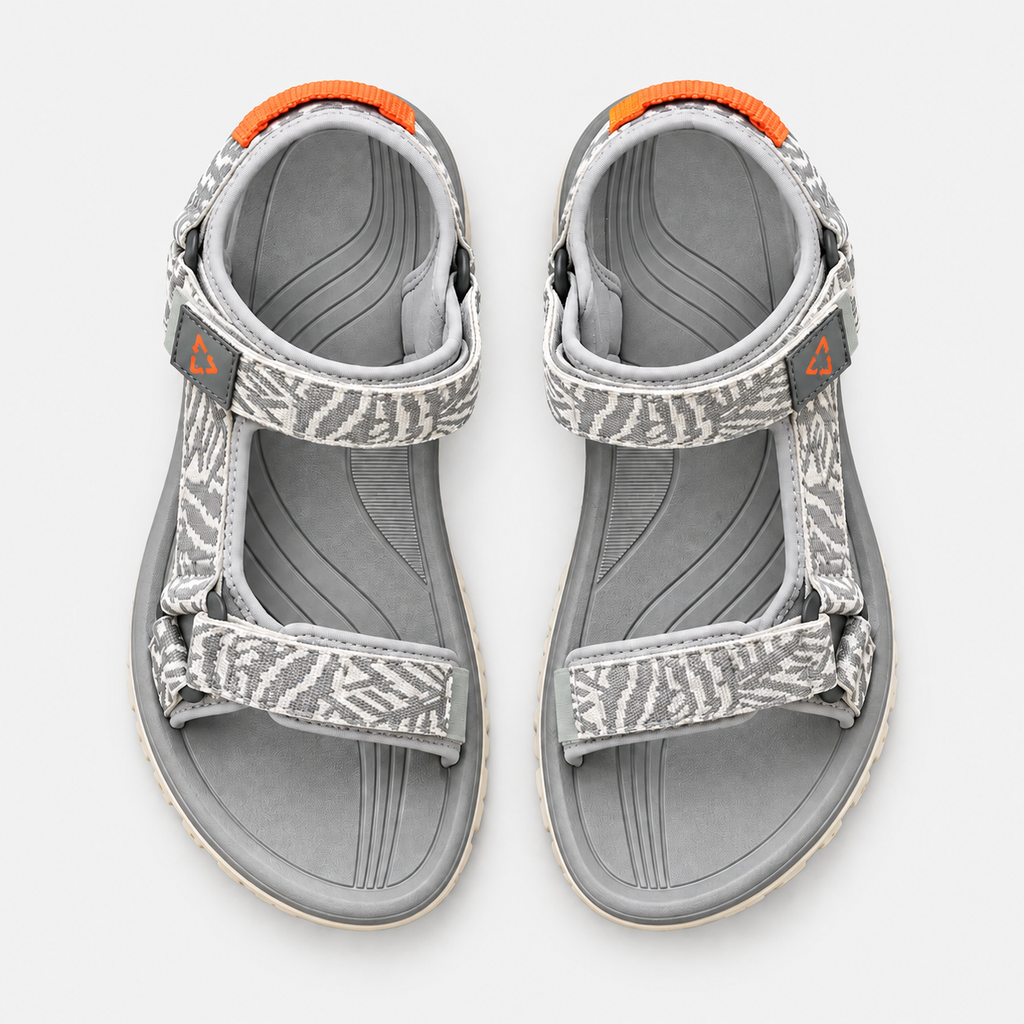 Women's Grey Flat Sport Sandals with Hook and Loop Straps
