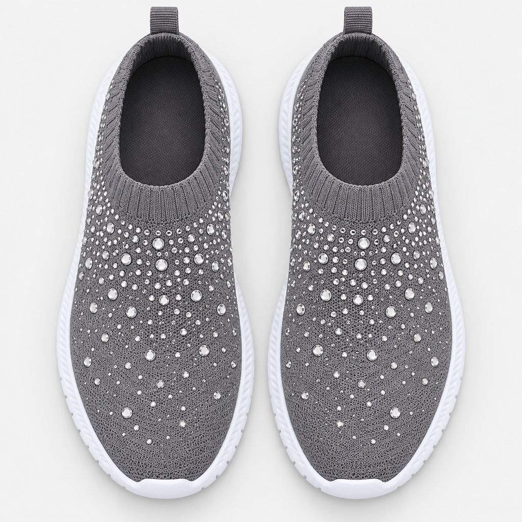 Women's Grey Slip-On Crystal Mesh Sneakers