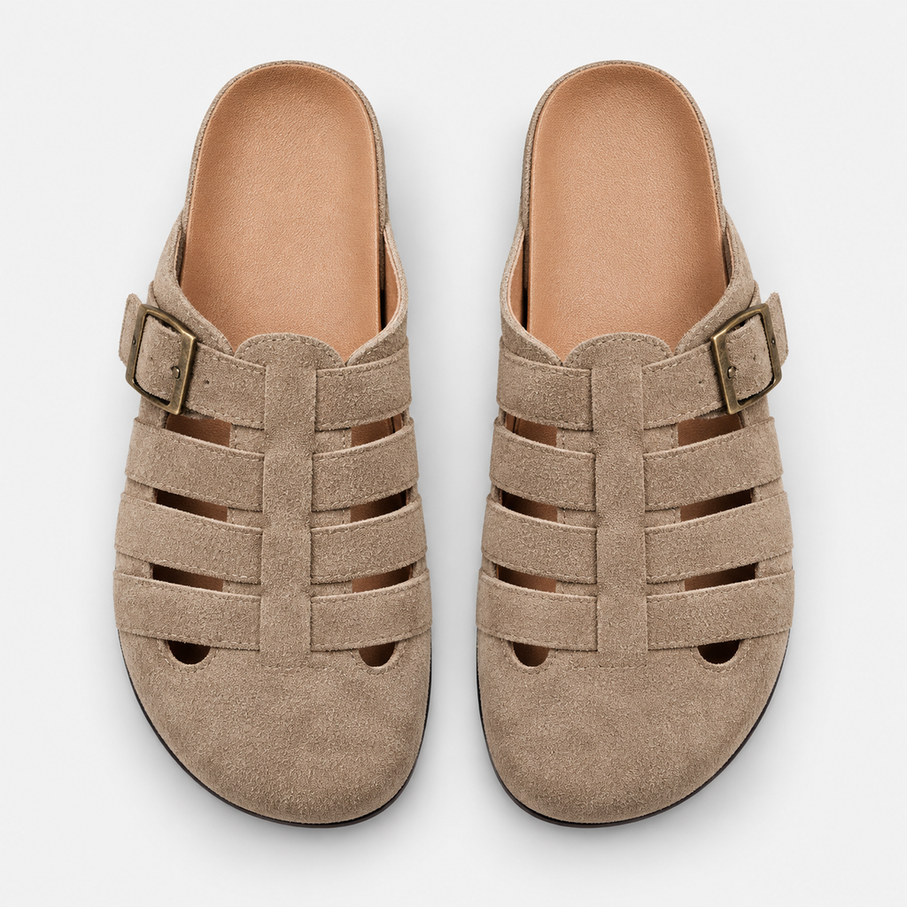 Women's Faux Suede Cutout Buckle Clogs, Flat Slip-On Summer Mules