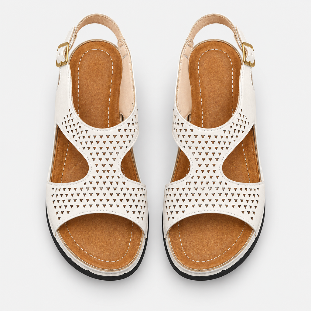 Women's White Perforated Wedge Sandals with Buckle Ankle Strap