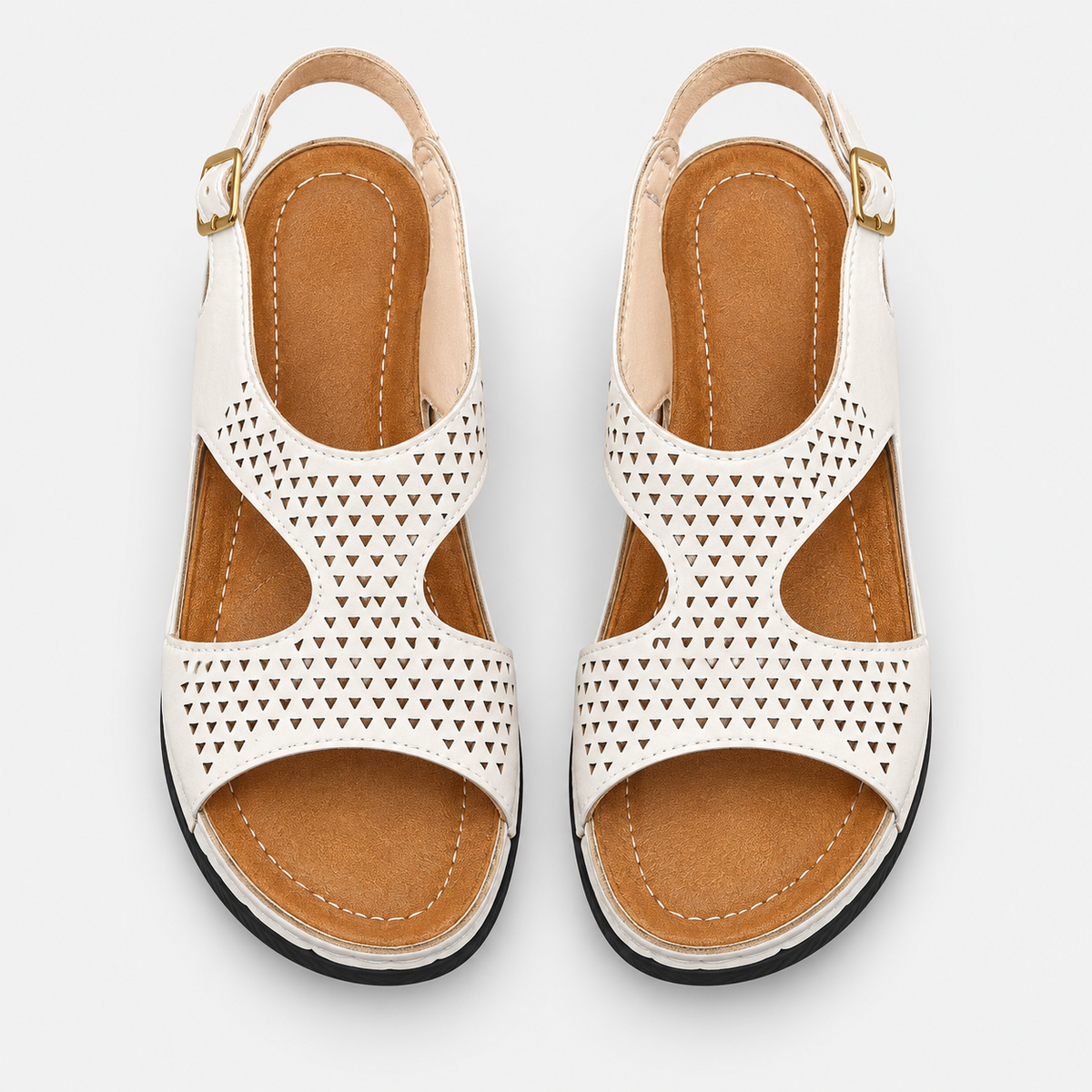 Women's White Perforated Wedge Sandals with Buckle Ankle Strap