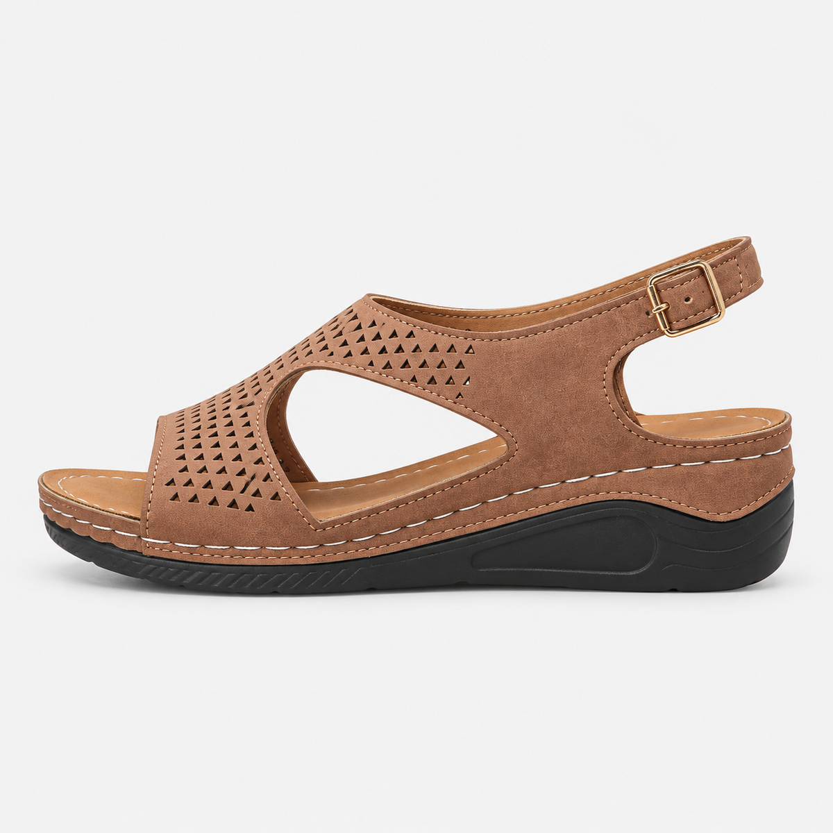 Women's White Perforated Wedge Sandals with Buckle Ankle Strap