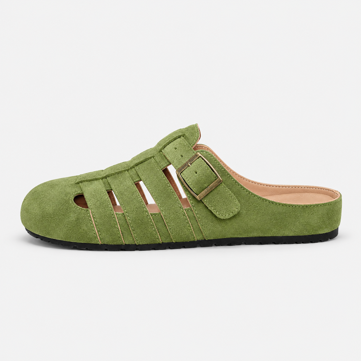 Women's Faux Suede Cutout Buckle Clogs, Flat Slip-On Summer Mules