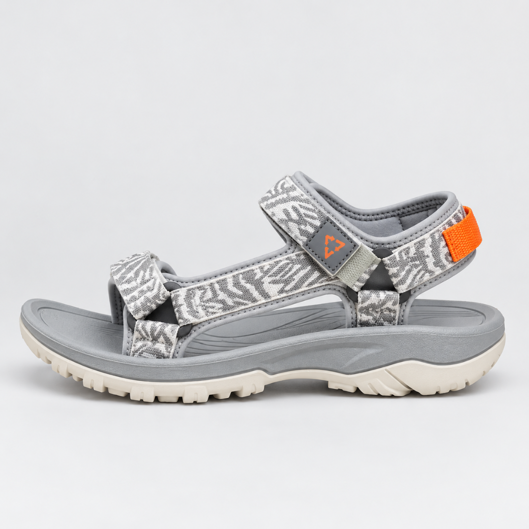 Women's Grey Flat Sport Sandals with Hook and Loop Straps