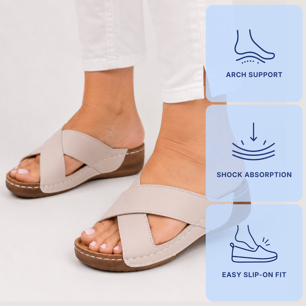 Women's Beige Cross-Strap Wedge Slide Sandals