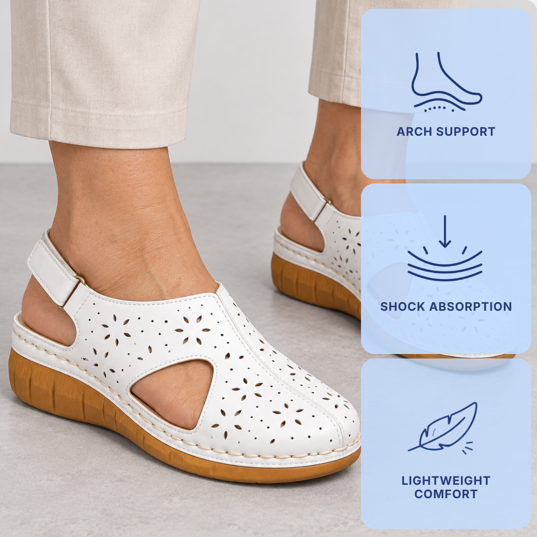 Women's White Hollow Out Wedge Sandals with Hook-and-Loop Back Strap