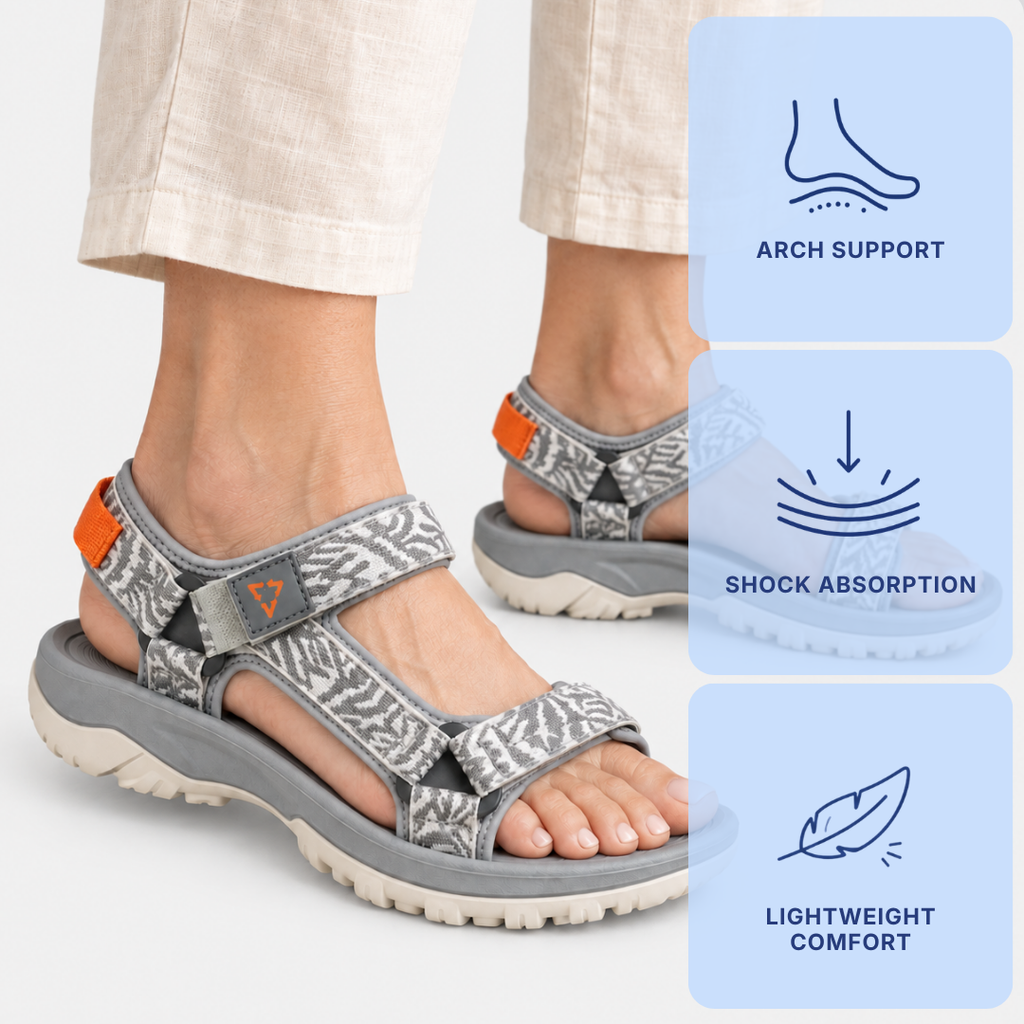 Women's Grey Flat Sport Sandals with Hook and Loop Straps