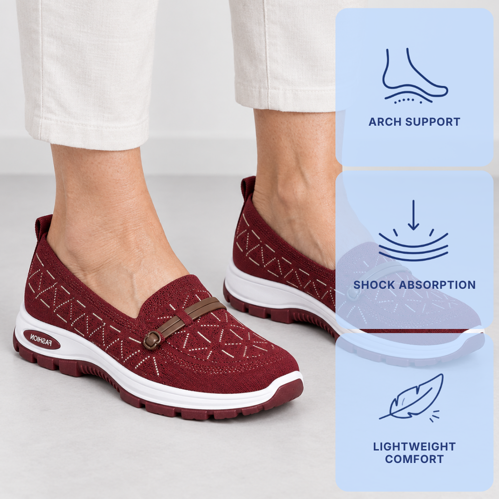 Ladies Walking Shoes With Arch Support Burgundy Slip-On