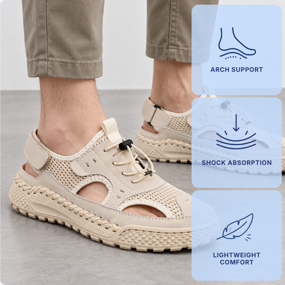 Men's Beige Closed Toe Split Leather Mesh Outdoor Sandals