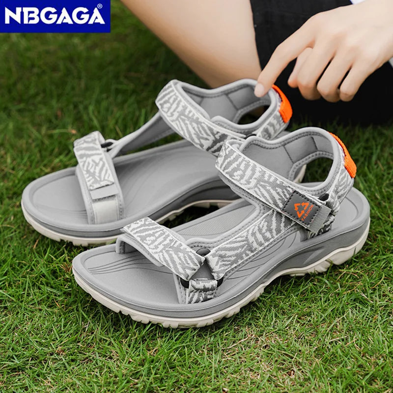 Women's Grey Flat Sport Sandals with Hook and Loop Straps