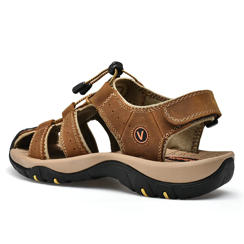 Men's Brown Closed-Toe Outdoor Sandals with Elastic Band