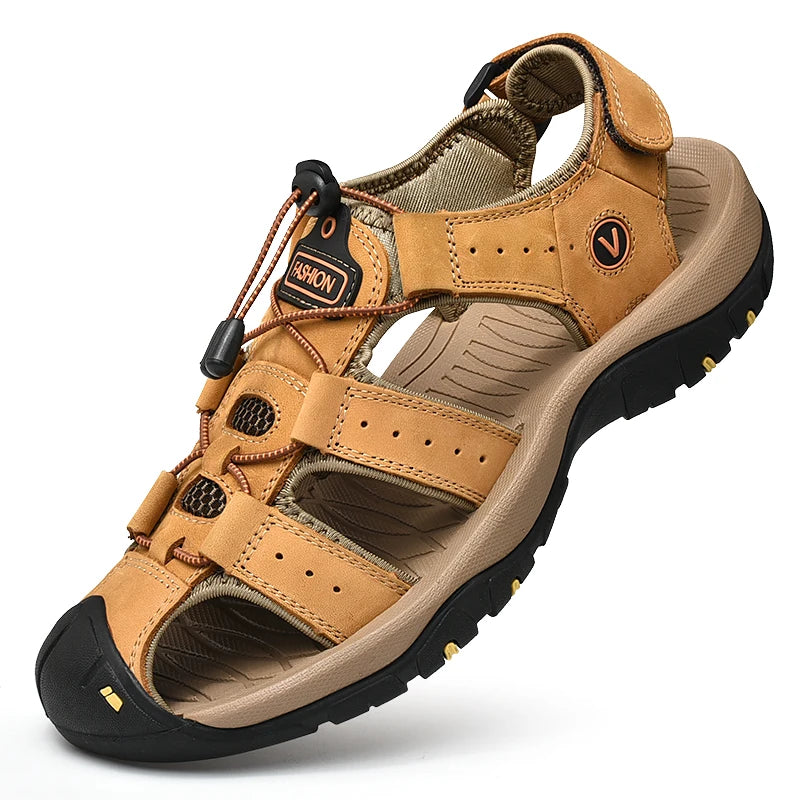 Men's Brown Closed-Toe Outdoor Sandals with Elastic Band