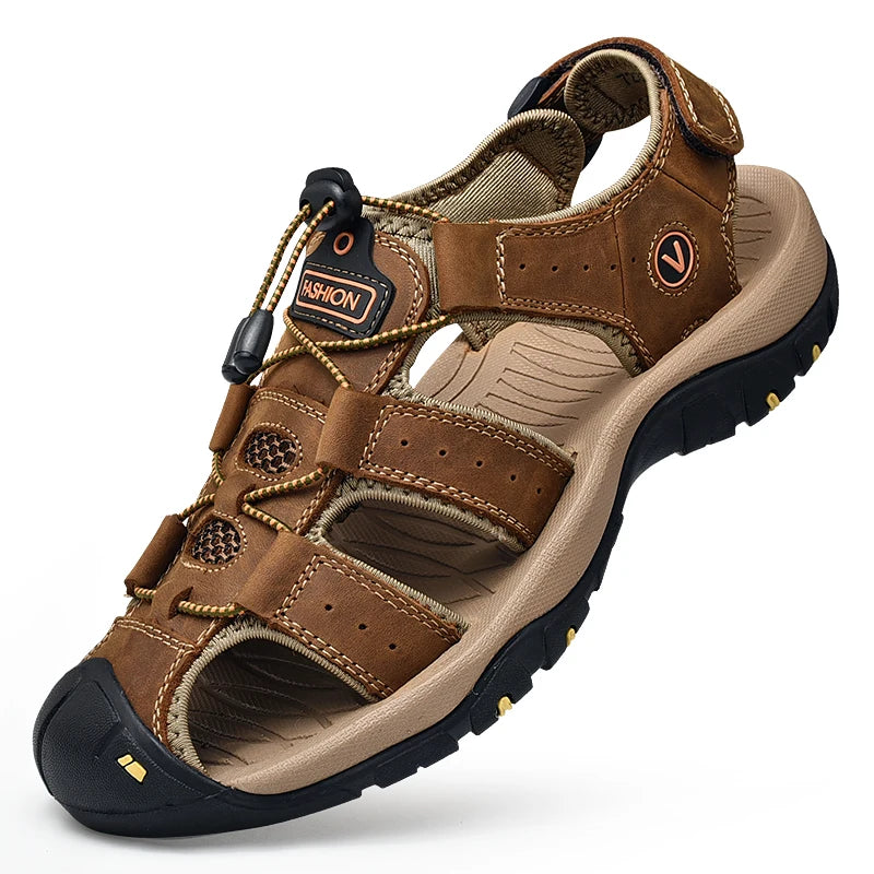 Men's Brown Closed-Toe Outdoor Sandals with Elastic Band