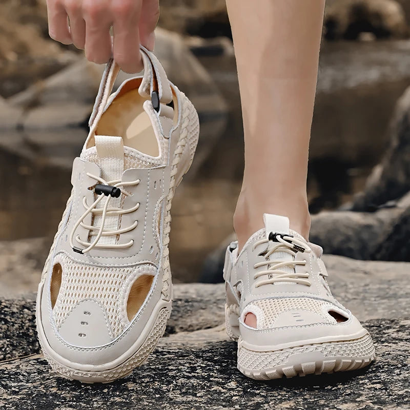 Men's Beige Closed Toe Split Leather Mesh Outdoor Sandals