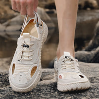 Men's Beige Closed Toe Split Leather Mesh Outdoor Sandals