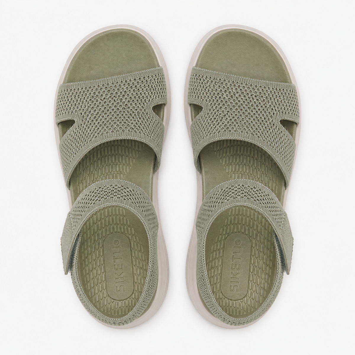 Women's Beige Sporty Thick Bottom Sandals with Hook and Loop Straps