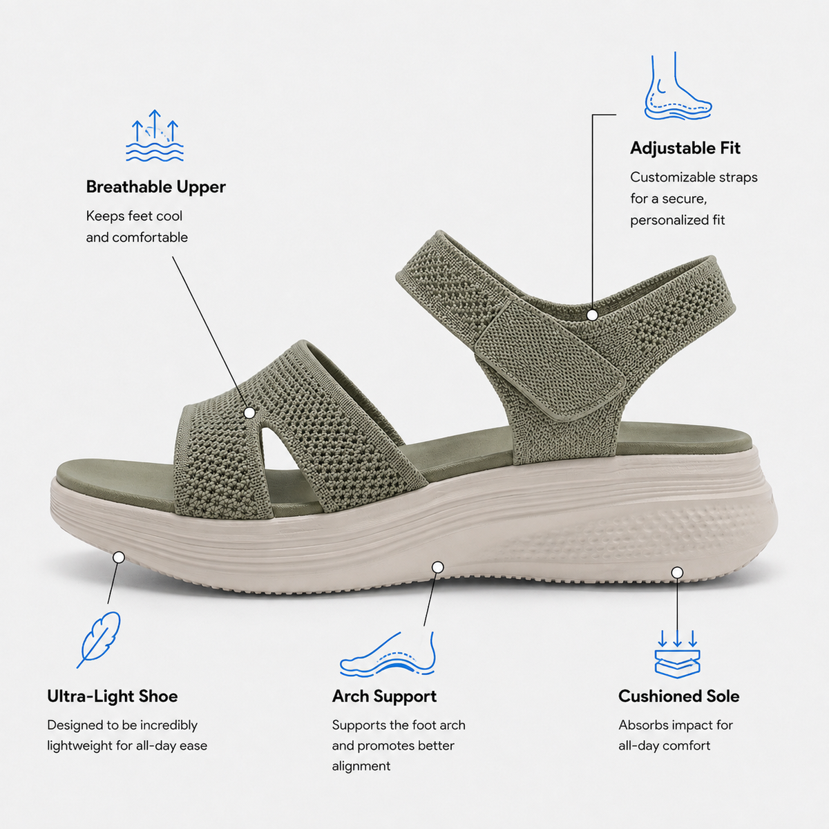 Women's Beige Sporty Thick Bottom Sandals with Hook and Loop Straps