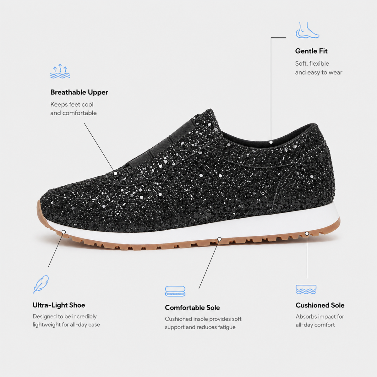 Women's Gold Glitter Slip-On Sneakers with Low Block Platform Sole