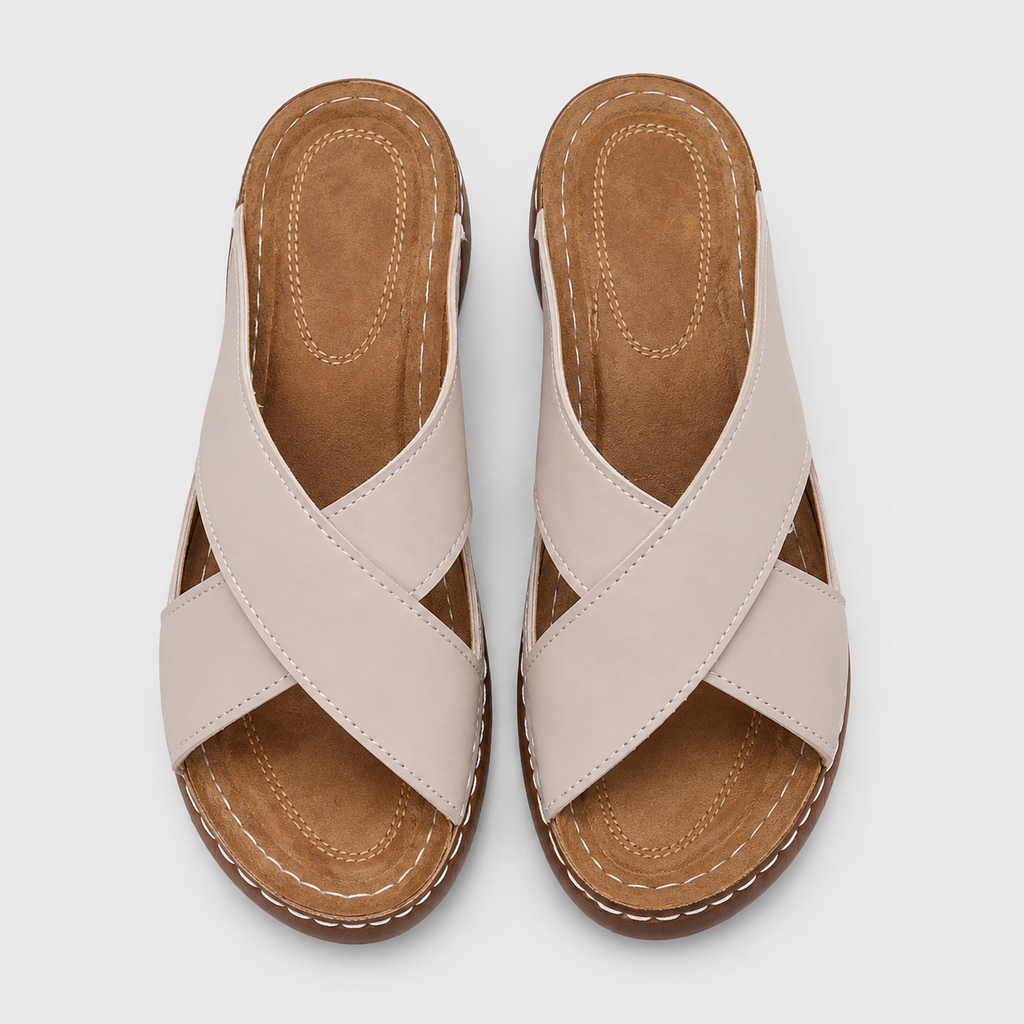 Women's Beige Cross-Strap Wedge Slide Sandals
