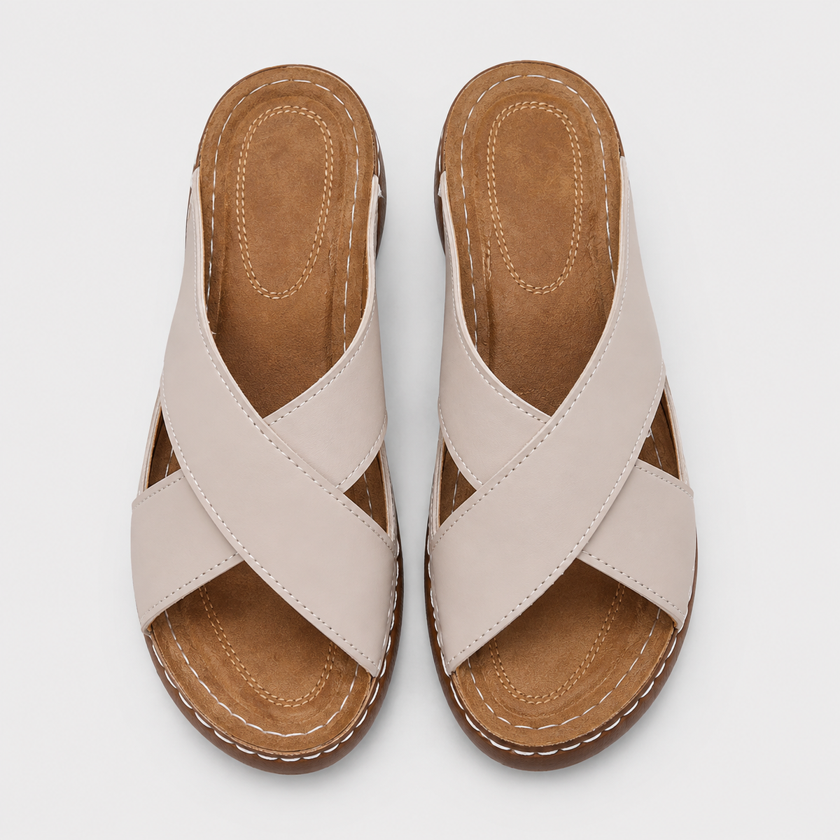 Women's Beige Cross-Strap Wedge Slide Sandals
